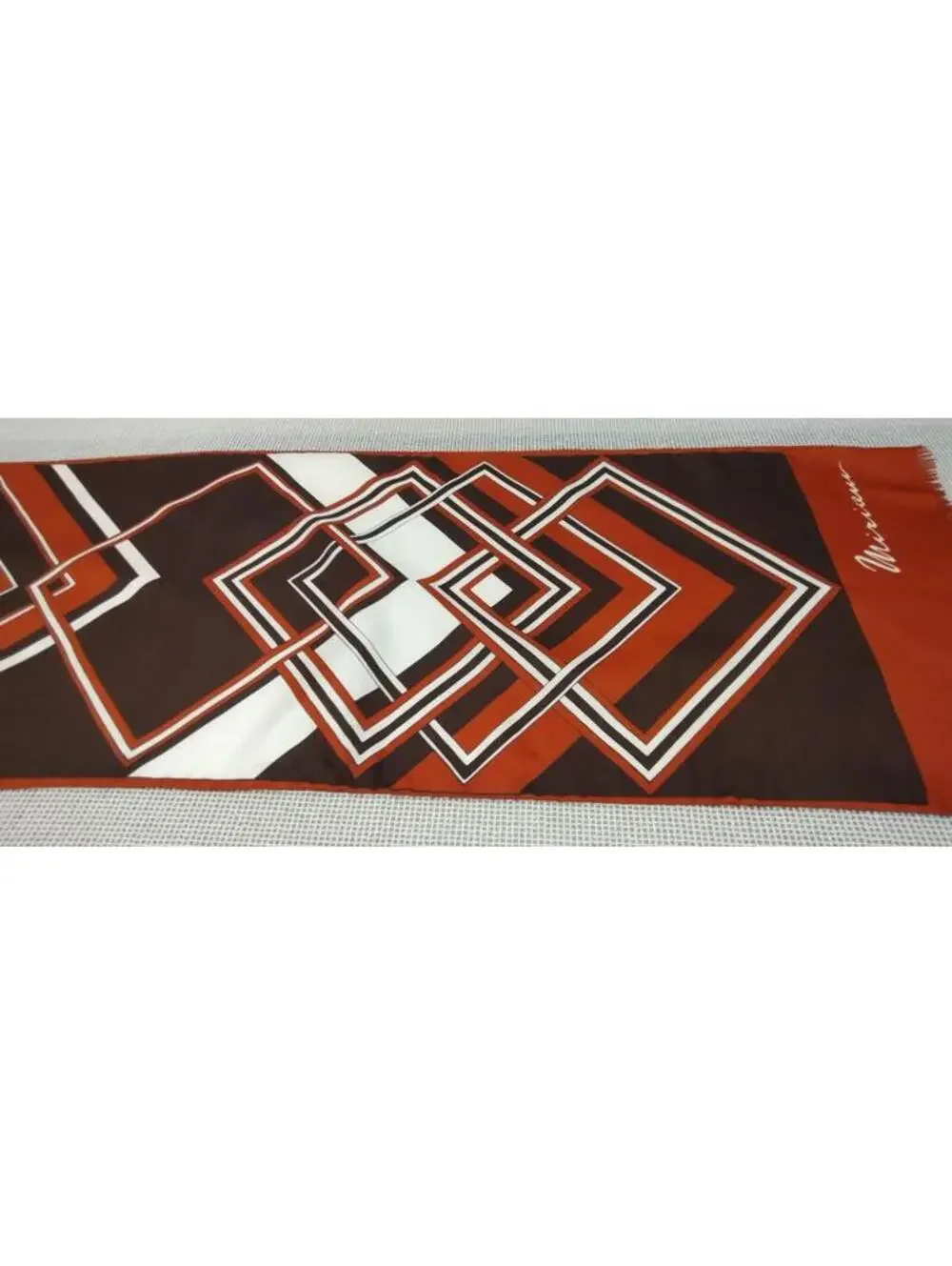Vintage 70s Miriceu Eureopean Abstract Long Scarf Terra Brown Geometric Diamonds